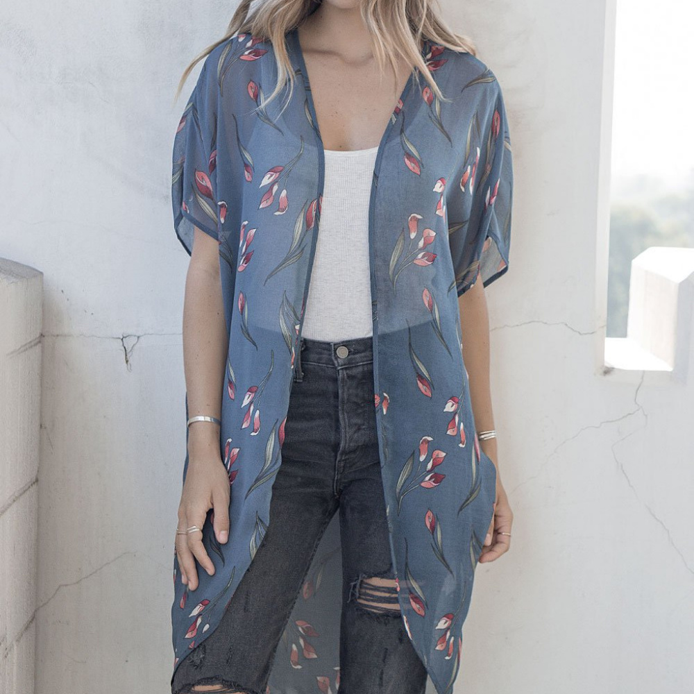 Denim & Coral Floral Chiffon Cocoon Cardigan